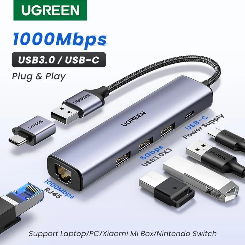 USB-C Ethernet-sovitin 1000Mbps RJ45-portilla ja USB-hubilla