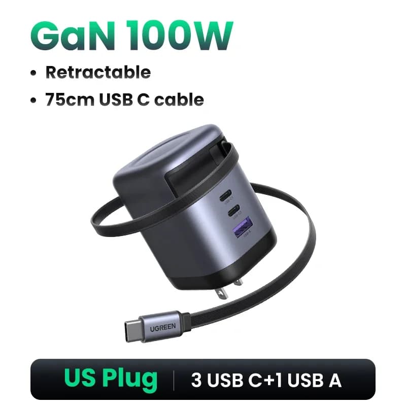 65W GaN-laturi vetäytyvällä USB-C-kaapelilla