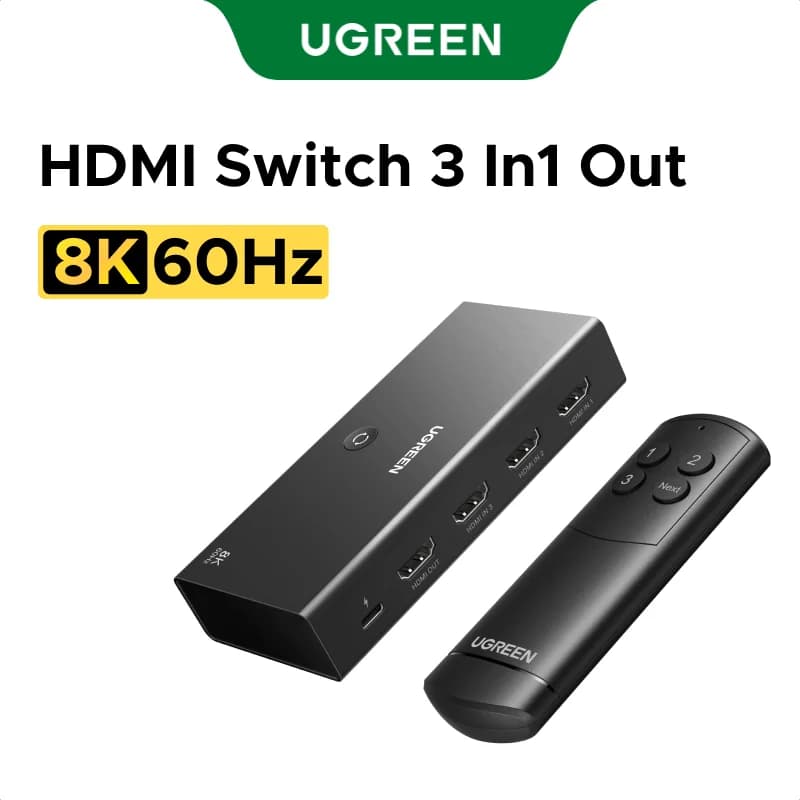 HDMI 2.1 -kytkin, 3 sisääntuloa 1 ulostuloon, 8K, kaukosäädin