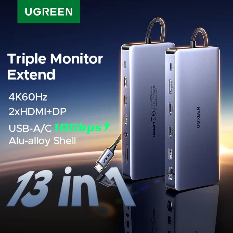 13-in-1 USB-C-telakka kolmelle näytölle ja RJ45-portti