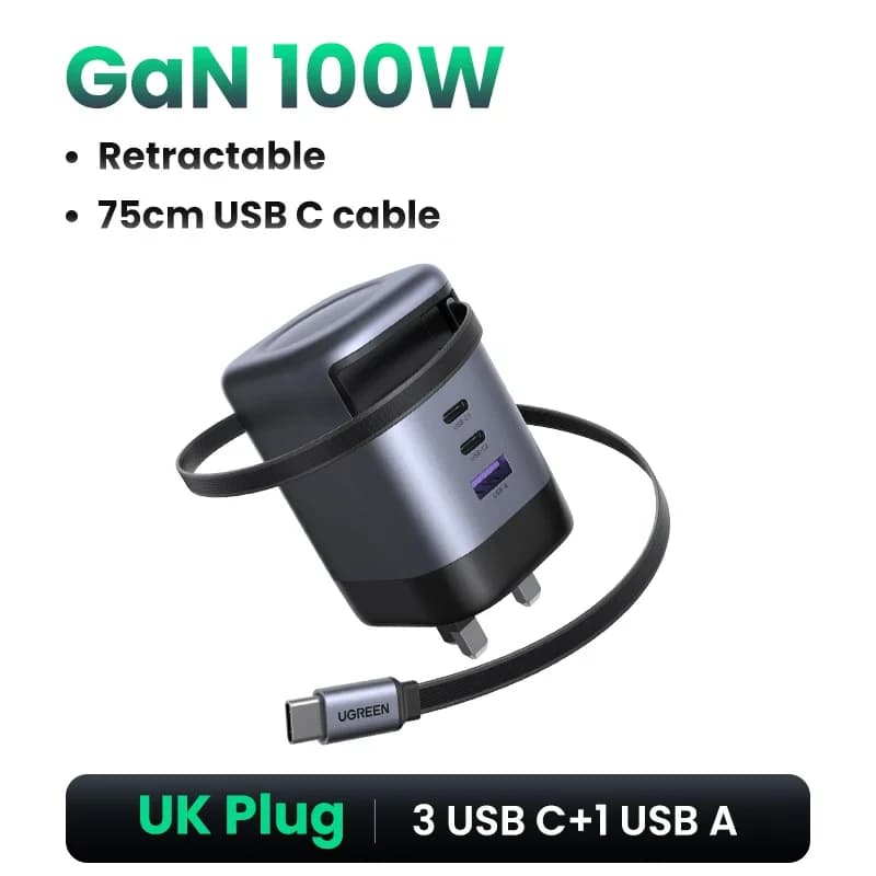 65W GaN-laturi vetäytyvällä USB-C-kaapelilla