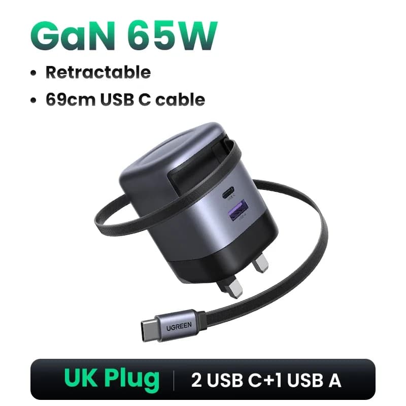 65W GaN-laturi vetäytyvällä USB-C-kaapelilla