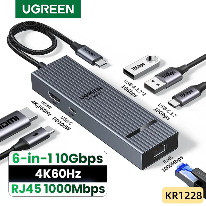 6-in-1 USB-C-hubi, 4K HDMI, Gigabit Ethernet, 100W PD