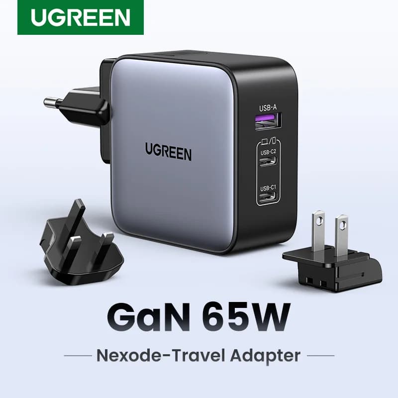 65W GaN matkamuuntaja US-, EU- ja UK-pistokkeilla
