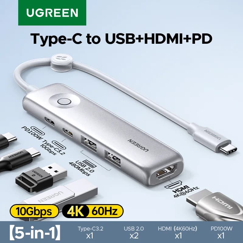 5-in-1 USB-C-hubi, 4K HDMI, 10Gbps, PD100W