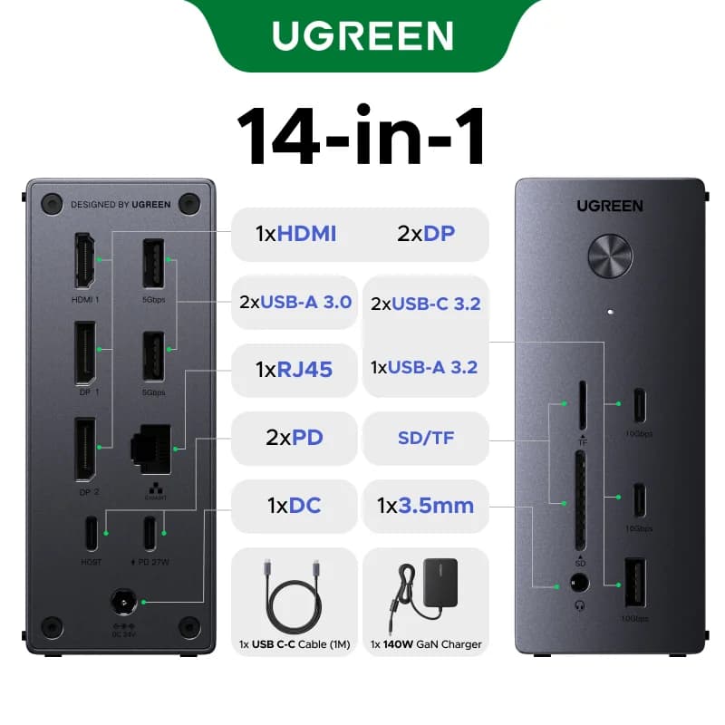 14-in-1 USB-C-telakointiasema, kolmen näytön tuki, 10Gbps