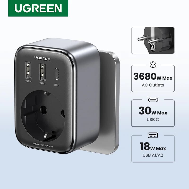 30W GaN PD -laturi, jossa AC-pistorasiat ja USB-portit