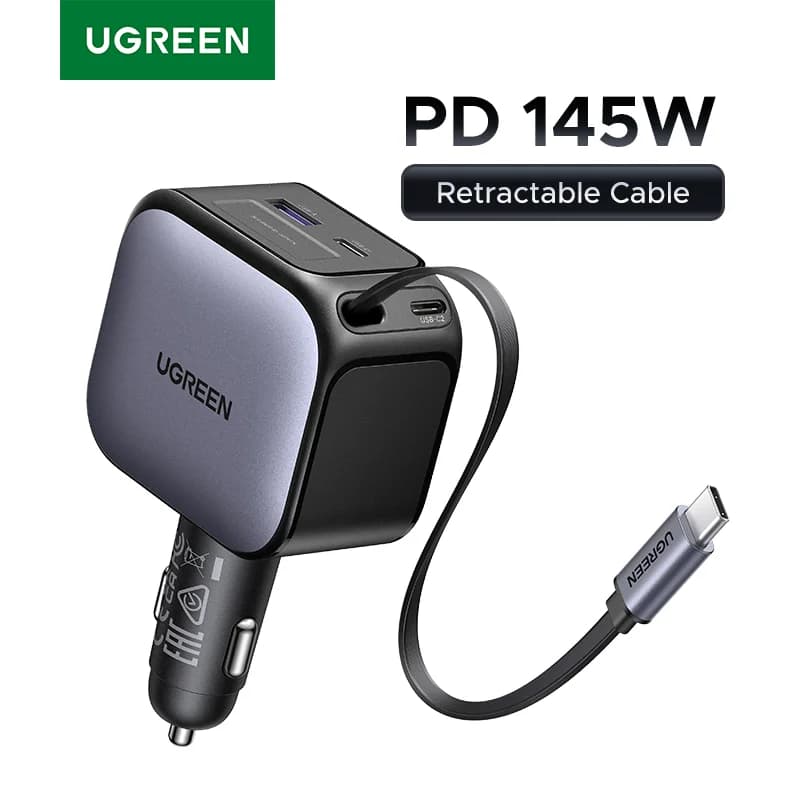 145W USB-C-autolaturi vetokaapelilla